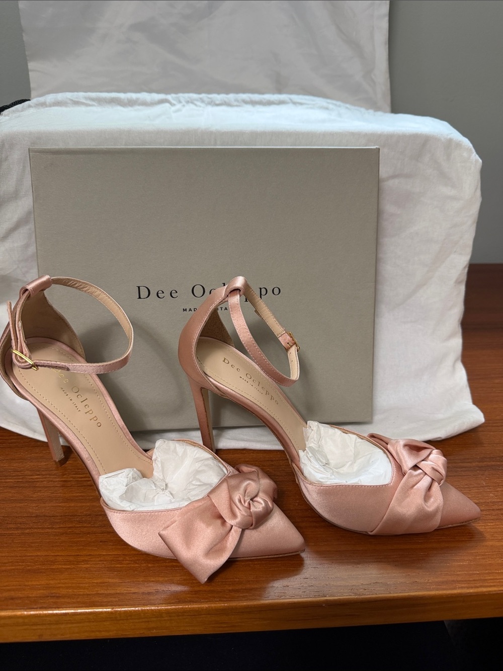 Dee Ocleppo Blush Satin Knot Ankle-Strap Heels
